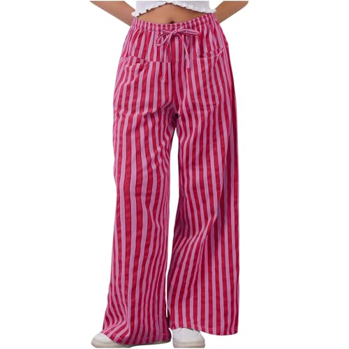 boseucn Gestreifte Loungehose für Damen Weitem Bein Elastische Kordelzug Pyjamahose Streetwear Musselin Sommerhose Streifen Freizeithose Locker Gerade Lange Hose mit Taschen Y2k Gestreifte Hosen von boseucn