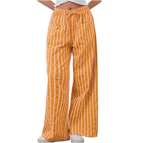 boseucn Gestreifte Loungehose für Damen Weitem Bein Elastische Kordelzug Pyjamahose Streetwear Musselin Sommerhose Streifen Freizeithose Locker Gerade Lange Hose mit Taschen Y2k Gestreifte Hosen von boseucn