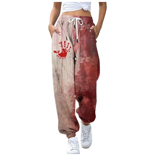 boseucn Halloween Jogginghose Damen, Sporthose Damen Blutspritzer Muster Freizeithose mit Kordelzug Taschen Casual Trainingshose High Waist Hose Bloody Entsetzen Sweatpants Halloween Kostüm Damen von boseucn