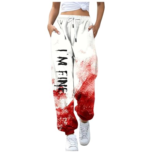 boseucn Halloween Jogginghose Damen, Sporthose Damen Blutspritzer Muster Freizeithose mit Kordelzug Taschen High Waist Lang Hose Bloody Entsetzen Sweatpants Casual Lose Halloween Kostüm Damen von boseucn