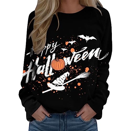 boseucn Halloween Pullover Damen, Langarmshirt Damen Pullover Halloween Kürbis Gespenster Drucken Rundhals Langarm Sweatshirt Retro Lässige Oberteile Teenager Mädchen Festival Tshirt Streetwear Tops von boseucn