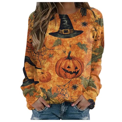 boseucn Halloween Pullover Damen, Langarmshirt Damen Pullover Halloween Kürbis Schwarze Katze Drucken Festival Kostüm Rundhals Langarm Lässige Sweatshirt Frauen Teenager Basic Tshirt Streetwear Tops von boseucn