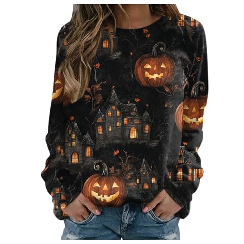 boseucn Halloween Pullover Damen, Langarmshirt Damen Pullover Halloween Kürbis Schwarze Katze Drucken Festival Kostüm Rundhals Langarm Lässige Sweatshirt Frauen Teenager Basic Tshirt Streetwear Tops von boseucn
