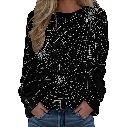 boseucn Halloween Pullover Damen, Langarmshirt Damen Pullover Halloween Spinnennetz Drucken Rundhals Langarm Sweatshirt Vintage Lässige Oberteile Teenager Mädchen Tshirt Streetwear Sportshirt Tops von boseucn