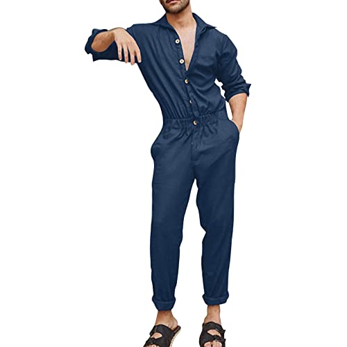 boseucn Herren Overall Einteiler Leinen Lässig mit Knopfleiste Kurzarm Strampler Einfarbig Revers Sweatsuit mit Taschen Jumpsuit Overalls Sommer T-Shirt Männer Schlafanzug Jogginganzug Trainingsanzug von boseucn
