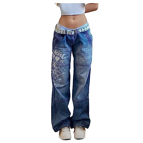 boseucn Jeans Damen, Baggy Jeans Damen High Waist Jeanshose Y2K Drucken Bootcut Streetwear Wide Leg Schlaghose mit Taschen Boyfriend Pants Casual Sommer Teenager Mädchen Damenjeans (Z132-Blue, S) von boseucn