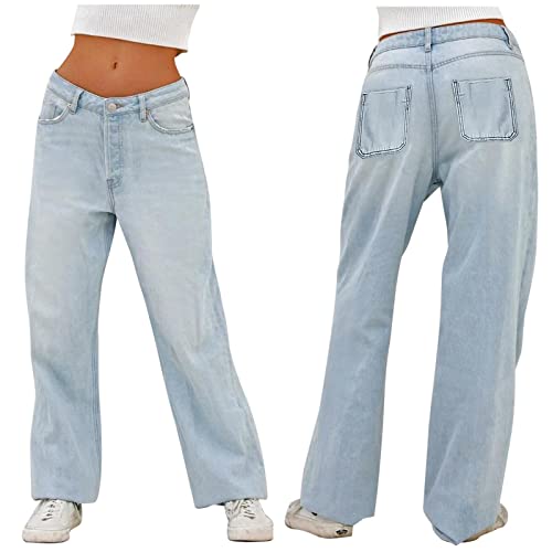 boseucn Jeans Damen, Jeanshose Damen Baggy High Waist Jeans Distressed Bootcut Hüftjeans E-Girl Style Streetwear Breites Bein Jeans mit Taschen Mädchen Casual Sommer Outdoor Jeanshosen Freizeithose von boseucn