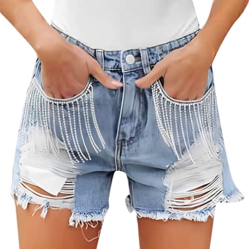 boseucn Jeans Shorts Damen, Damen Distressed Denim Shorts Strass Fransen Mid Rise Jeans Shorts Ausgefranste Sommer Kurze Bermuda Jeans mit Unversäubertem Saum Sommer Hotpants Hosen Strandshorts von boseucn