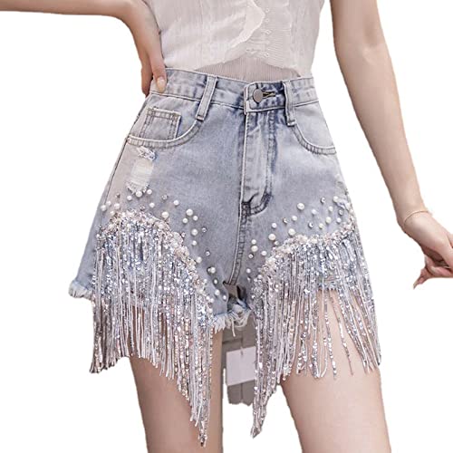 boseucn Jeans Shorts Damen, Frauen Denim Shorts High Taille Jeans Perlen Strass Tassel Shorts Festival Shorts Kurze Jeanshose Damen Freizeithose Bermuda Kurze Sommershorts Denim Sommer Jeanshose von boseucn