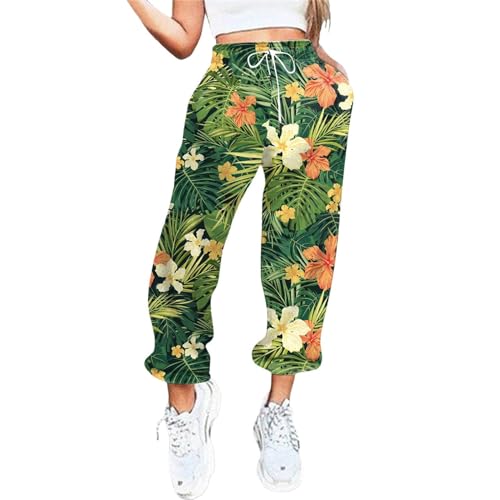 boseucn Jogginghose Damen, Damen Sporthose Lang Hosen Blumen Drucken Freizeithose mit Bündchen Casual Lose High Waist Sweathose Elastische Stoffhose mit Kordelzug Taschen Sport Trainingshose von boseucn
