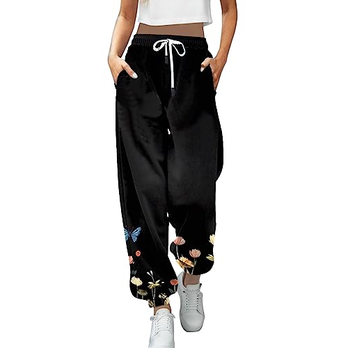 boseucn Jogginghose Damen Baggy, Damen Sporthose Lang Hosen Blumen Drucken Freizeithose mit Bündchen Elastische Stoffhose mit Kordelzug Taschen High Waist Sweathose Sport Casual Lose Trainingshose von boseucn