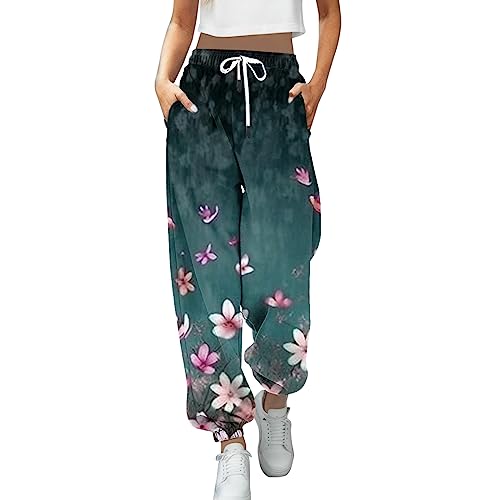 boseucn Jogginghose Damen Baggy, Damen Sporthose Lang Hosen Blumen Drucken Freizeithose mit Bündchen Elastische Stoffhose mit Kordelzug Taschen High Waist Sweathose Sport Casual Lose Trainingshose von boseucn