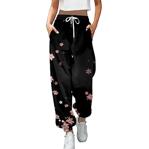 boseucn Jogginghose Damen Baggy, Damen Sporthose Lang Hosen Blumen Drucken Freizeithose mit Bündchen Elastische Stoffhose mit Kordelzug Taschen High Waist Sweathose Sport Casual Lose Trainingshose von boseucn
