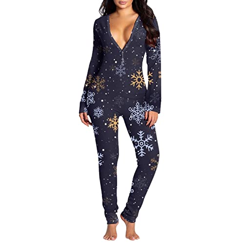 boseucn Jumpsuit Damen Schlafanzug Baumwolle, Damen Pyjama Set Schlafanzug Mit Po Klappe Schwarz Pyjama Bodycon Einteiligen Einteiliger Bunt Winter Overall Bodysuit Baumwolle Kuschelig Jumpsuit von boseucn