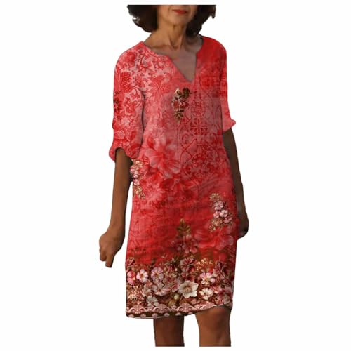boseucn Leinenkleid Damen Sommer Knielang Leinenkleider A-Linie Leinen Kleid Vintage Feder Drucken Freizeitkleid V-Ausschnitt 3/4 Ärmel Sommerkleid Mutter Blusenkleid Italienische Strandkleider von boseucn