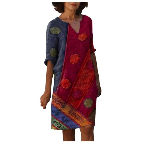 boseucn Leinenkleid Damen Sommer Knielang Leinenkleider A-Linie Leinen Kleid Vintage Feder Drucken Freizeitkleid V-Ausschnitt 3/4 Ärmel Sommerkleid Mutter Blusenkleid Italienische Strandkleider von boseucn