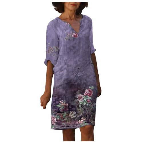 boseucn Leinenkleid Damen Sommer Knielang Leinenkleider A-Linie Leinen Kleid Vintage Feder Drucken Freizeitkleid V-Ausschnitt 3/4 Ärmel Sommerkleid Mutter Blusenkleid Italienische Strandkleider von boseucn