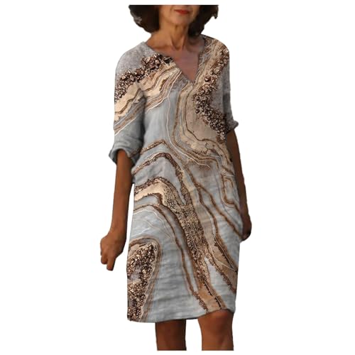 boseucn Leinenkleid Damen Sommer Knielang Leinenkleider A-Linie Leinen Kleid Vintage Feder Drucken Freizeitkleid V-Ausschnitt 3/4 Ärmel Sommerkleid Mutter Blusenkleid Italienische Strandkleider von boseucn