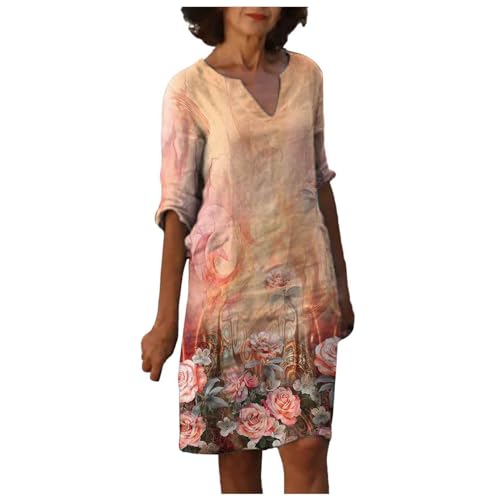 boseucn Leinenkleid Damen Sommer Knielang Leinenkleider A-Linie Leinen Kleid Vintage Feder Drucken Freizeitkleid V-Ausschnitt 3/4 Ärmel Sommerkleid Mutter Blusenkleid Italienische Strandkleider von boseucn