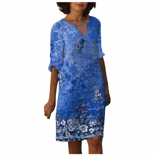 boseucn Leinenkleid Damen Sommer Knielang Leinenkleider A-Linie Leinen Kleid Vintage Feder Drucken Freizeitkleid V-Ausschnitt 3/4 Ärmel Sommerkleid Mutter Blusenkleid Italienische Strandkleider von boseucn