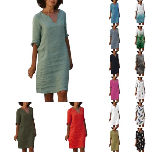 boseucn Leinenkleid Damen Sommer V-Ausschnitt Kurzarm Sommerkleid Damen Leicht Luftige Leinen Leinenkleider Knielang Mutter Kleider Muttertag Geschenk Casual Frauen Urlaub Freizeitkleid Shirtkleid von boseucn