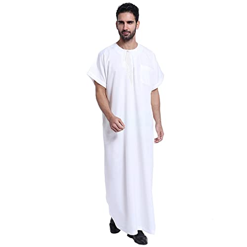 boseucn Muslim Kaftan Herren, Herren Kaftan Einfarbig Roben Halbe Ärmel Thobe Muslimische Kleidung Lang Abaya Große Größen Sommer Retro Männer Royalty Dubai Robe Islamisch Ramadan Gebetskleidung von boseucn