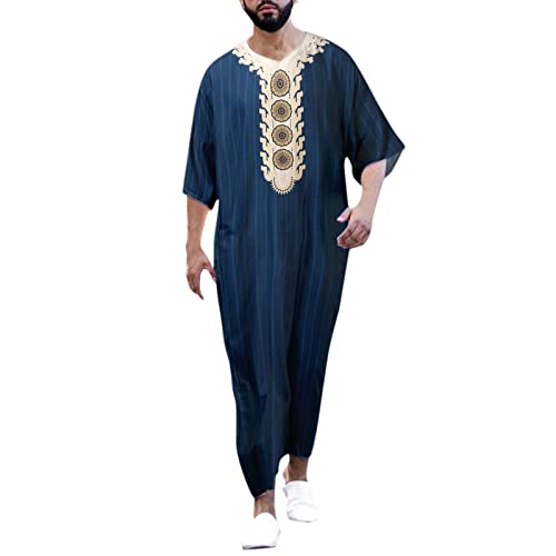 boseucn Muslim Kaftan Herren, Herren Kaftan V Ausschnitt Roben Kleider Halbe Ärmel Drucken Thobe Muslimische Kleidung Lang Abaya Lässiges Sommer Männer Dubai Islamisch Ramadan Gebetskleidung von boseucn