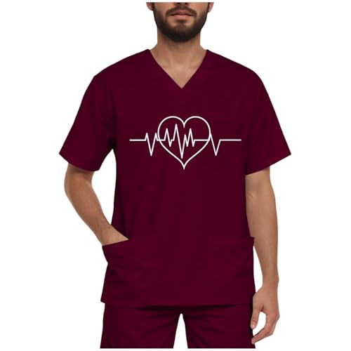 boseucn Pflege Kleidung Herren Oberteil V-Ausschnitt Kurzarm Kasacks mit Vielen Taschen EKG Muster Drucken Arbeitskleidung Tshirt Berufsbekleidung Bequem Uniform Krankenschwester Kostüm Schlupfkasack von boseucn