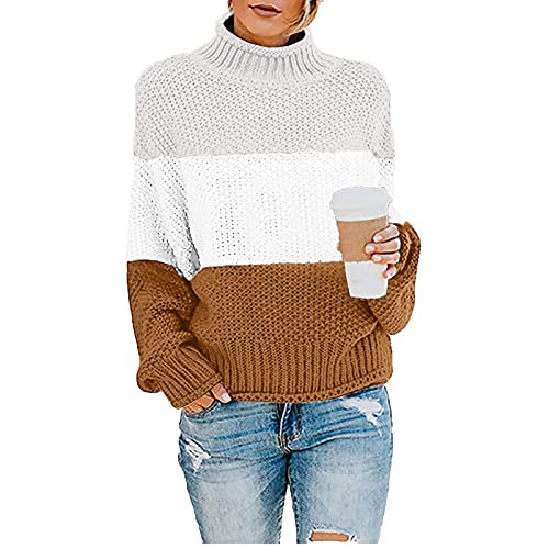 boseucn Pullover Damen Gestreift, Rollkragen Strickpullover Langarm Sweatshirt Weich Warm Pulli Herbst Winter Casual Elegant Frauen Tops Streifen Pullover Damen Strickpulli Rollkragenpullover von boseucn