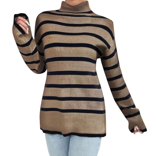 boseucn Pullover Gestreift Damen, Casual Lässig Streifen Pullover Damen Herbst Winter Langarm Sweatshirt Rollkragen Strickpullover Elegant Pulli Langarmshirt Strickpulli Rollkragenpullover von boseucn