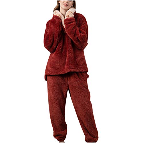 boseucn Schlafanzug Damen Lang, Schlafanzug Flanell Damen Winter Warme Nicki Hausanzug Zweiteiliger Fleece Pyjama Set Kuschelig Rundhals Pullover und Lang Hose Schlafanzug Frauen Damen Fleece von boseucn