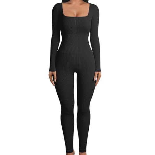 boseucn Shapewear Damen Body Sport Jumpsuit Lang Quadratischer Kragen Langarm Eng Yoga Bodysuit Overall Stretch Bodycon Strampler Sportanzug Einteiler Hosenanzug Trainingsanzug Outfit Fitness Set von boseucn