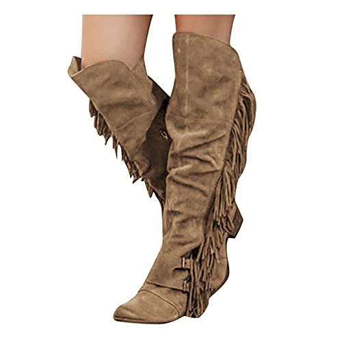 boseucn Sneaker Damen, Damen Kniestiefel Fransen Cowboy-Stiefel Fransen Klassischer Halbhohe Stiefel Mit Blockabsatz Vintage Spitz Stiefel Wildleder Kniehohe Booties Stiefel von boseucn