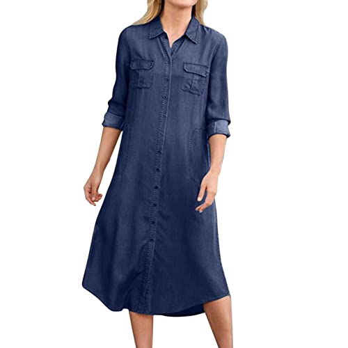 boseucn Sommerkleid Damen, Kleider Damen Hemdkleid V Ausschnitt Button Kurzarm Jeanskleid Einfarbig Kurz Kleid mit Taschen Elegant Sommer Freizeitkleid Sommerkleid Partykleid Abendkleider von boseucn