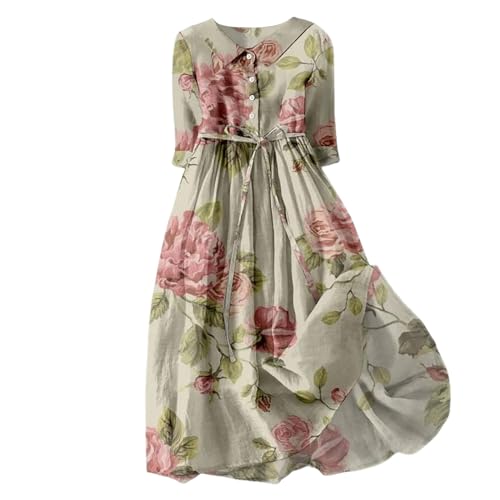 boseucn Sommerkleid Damen Leicht Revers Tasten 3/4 Arm Lang Leinenkleid Boho Blumen Drucken Sommerkleider mit Gürtel Sommer Elegant Kleider A-Linie Strandkleid Casual Lose Freizeitkleid Shirtkleid von boseucn