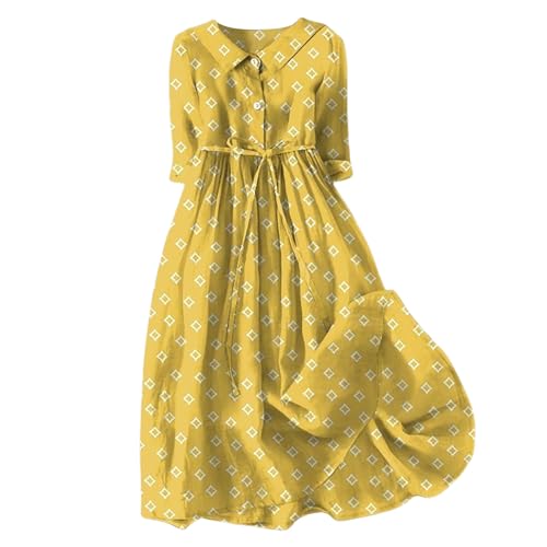 boseucn Sommerkleid Damen Leicht Revers Tasten 3/4 Arm Lang Leinenkleid Boho Blumen Drucken Sommerkleider mit Gürtel Sommer Elegant Kleider A-Linie Strandkleid Casual Lose Freizeitkleid Shirtkleid von boseucn
