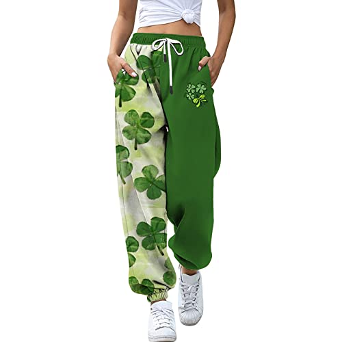 boseucn St. Patricks Day Jogginghose Damen, Damen High Waist Grünes Sporthose Trainingshose Hosen mit Bündchen Sweatpants Irisches Kleeblatt Drucken Kordelzug mit Taschen Festlich Freizeithose von boseucn