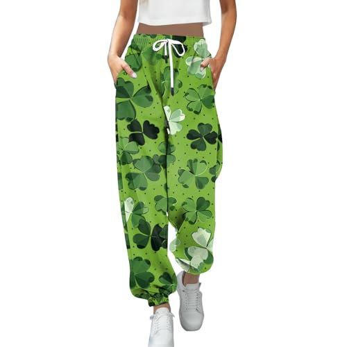 boseucn St. Patricks Day Jogginghose Damen, Damen High Waist Grünes Sporthose Trainingshose mit Bündchen Irisches Kleeblatt Drucken mit Taschen Sweatpants Kordelzug Hosen Festlich (Z11-Dark Blue, XL) von boseucn