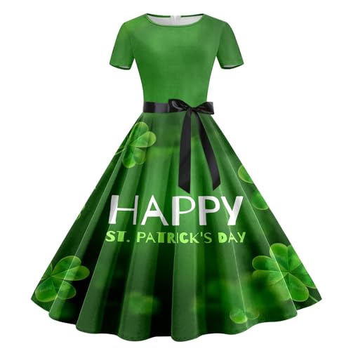 boseucn St. Patricks Day Kostüm Damen, Damen Kleider Ärmellos Kurz Kleid Vierblättriges Kleeblatt Druck Rock Vintage Festliche Kleider Casual Herbst Winter Cocktailkleid Abendkleider Minikleid von boseucn