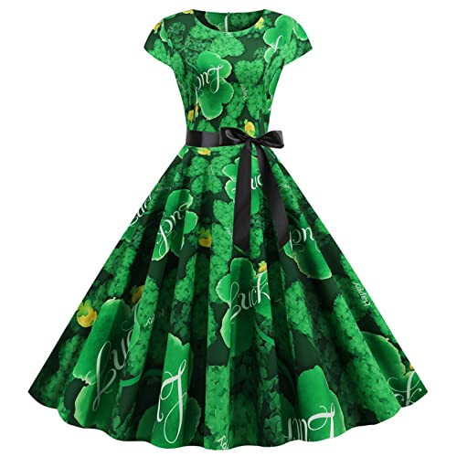 boseucn St. Patricks Day Kostüm Damen, Damen Kleider Ärmellos Kurz Kleid Vierblättriges Kleeblatt Druck Rock Vintage Festliche Kleider Casual Herbst Winter Cocktailkleid Abendkleider Minikleid von boseucn