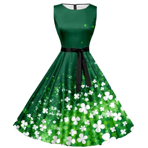 boseucn St. Patricks Day Kostüm Damen, Damen Kleider Ärmellos Kurz Kleid Vierblättriges Kleeblatt Druck Rock Vintage Festliche Kleider Casual Herbst Winter Cocktailkleid Abendkleider Minikleid von boseucn