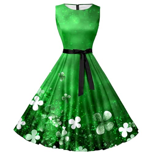 boseucn St. Patricks Day Kostüm Damen, Damen Kleider Ärmellos Kurz Kleid Vierblättriges Kleeblatt Druck Rock Vintage Festliche Kleider Casual Herbst Winter Cocktailkleid Abendkleider Minikleid von boseucn