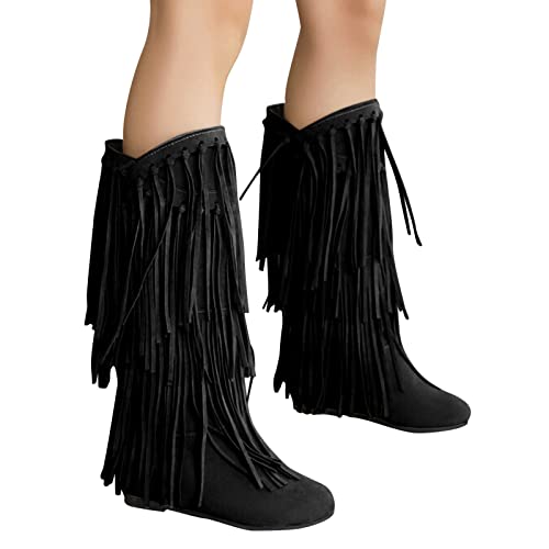 Boseucn Damen Kniestiefel - Fransen Cowboy-Stiefel Mit Blockabsatz, Vintage Spitz Wildleder Halbhohe Booties von boseucn