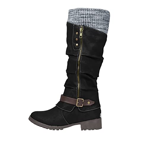 boseucn Stiefeletten Damen, Damen Stiefeletten mit Absatz Blockabsatz Niederung Stiefel Glattleder Langschaft Reißverschluss Nieten Winterstiefel mit Schnalle Casual Herbst Winter Frauen Winterschuhe von boseucn