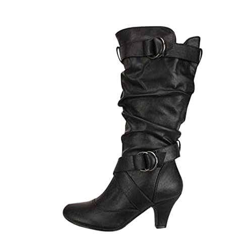 boseucn Stiefeletten Damen, Damen Stiefeletten mit Absatz Trichterabsatz High Heels Stiefel Glattleder Mittelhoher Langschaft Winterstiefel mit Schnalle Casual Herbst Winter Frauen Winterschuhe Boots von boseucn