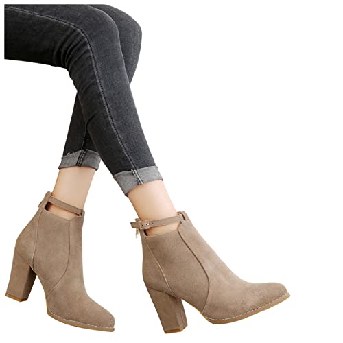 boseucn Stiefeletten Damen Beige Mit Absatz Leder, Damen Stiefeletten Spitz Booties Winterschuhe Glatt Ankle Boots Herbst Winter Vintage Stiefel Worker Boots Schneestiefel Herbst Winter Stiefelette von boseucn