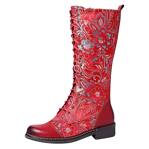 boseucn Stiefeletten Damen mit Absatz, Damen Cowboystiefel mit Absatz Blockabsatz Stiefel Schnürung Reißverschluss Stiefeletten Blume Stickereien Winterstiefel Casual Herbst Winter Frauen von boseucn