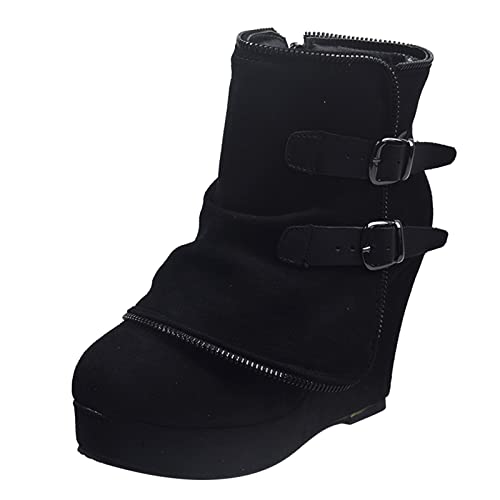 boseucn Stiefeletten Damen mit Absatz, Damen Stiefeletten Plateau Keilabsatz Stiefel Halbhohe Wildleder Reißverschluss Winterstiefel mit Schnalle Casual Herbst Winter Frauen Winterschuhe Damenschuhe von boseucn