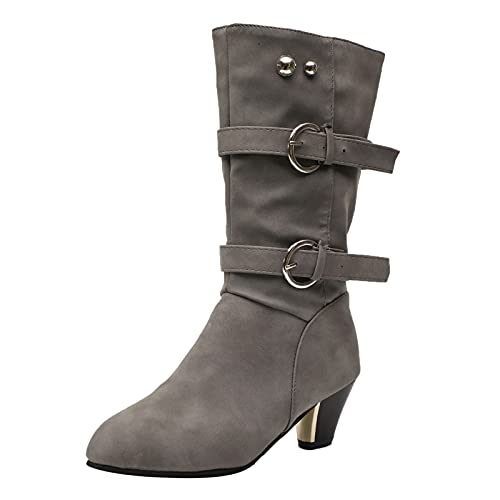 boseucn Stiefeletten Damen mit Absatz, Damen Stiefeletten mit Absatz Trichterabsatz High Heels Stiefel Retro Halbhohe Nieten Winterstiefel mit Schnalle Casual Herbst Winter Frauen Winterschuhe von boseucn