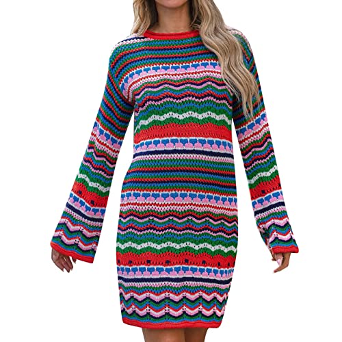 boseucn Streifen Strickkleid Damen, Langarm Kleider Pulloverkleid Gestreift Damen Minikleid Herbst Winter Casual Elegant Kleider Streifen Kleid Winterkleid Partykleid Strickpullover Kleid von boseucn